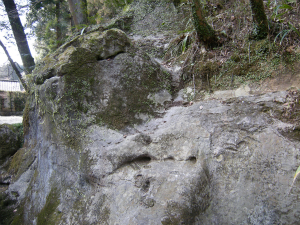 採石跡（中央に矢穴、左は採石途中のもの）